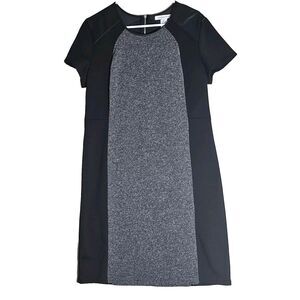 Liz Claiborne Sheath Ponte Dress Size XL Black/Gray Faux Leather + Tweed Detail